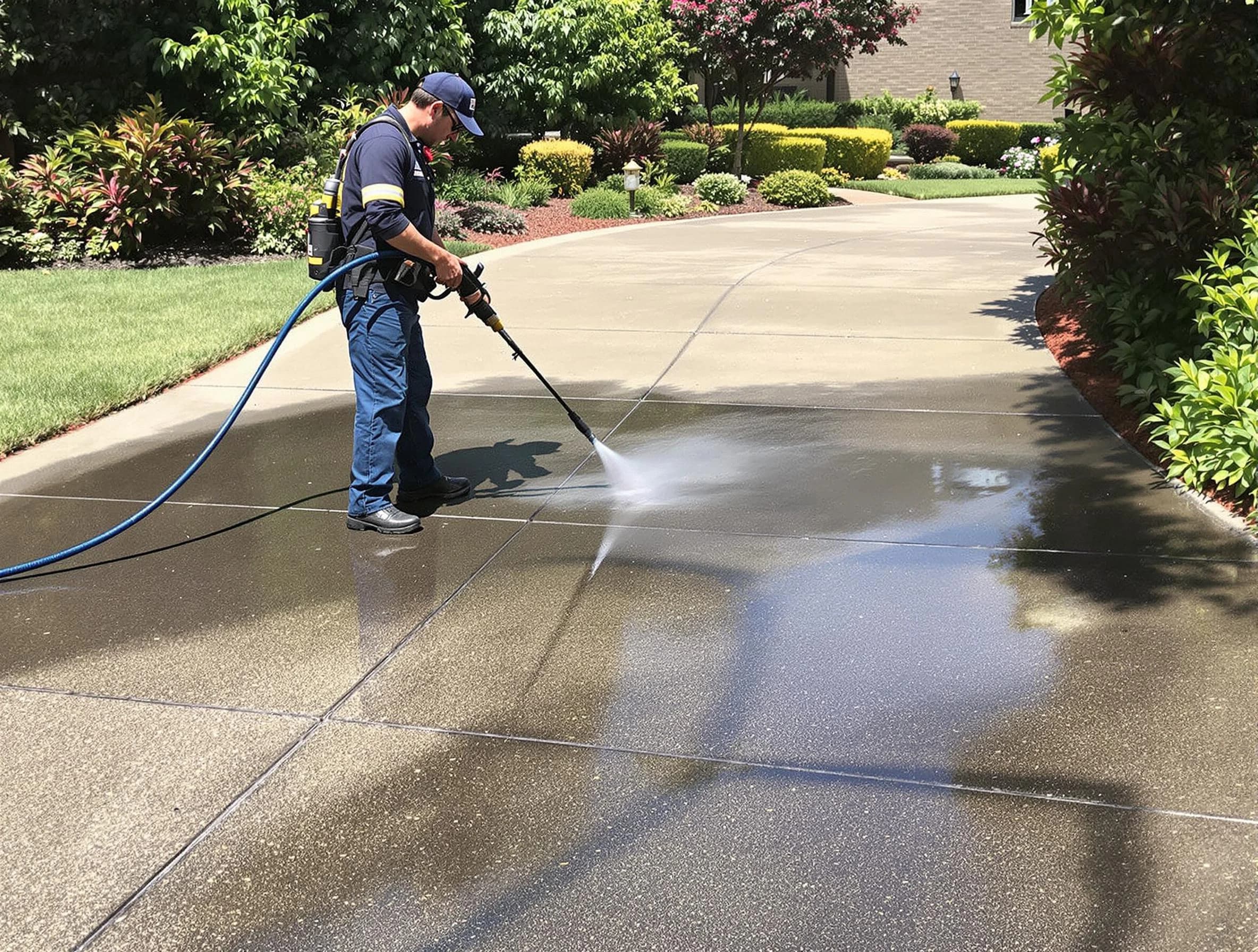 Experienced Brook Park Power Washing team member pressure washing a driveway in Brook Park