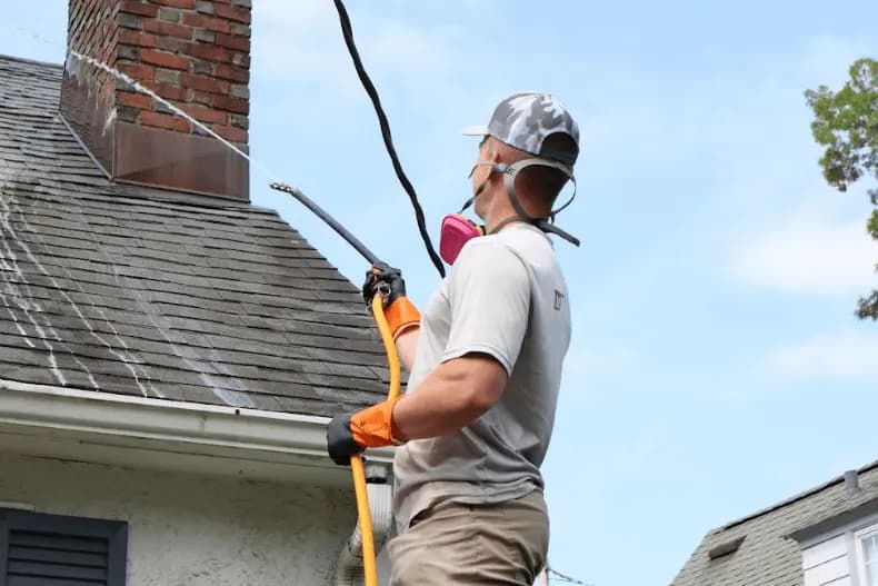 Brook Park Power Washing professional performing gentle roof washing service in Brook Park